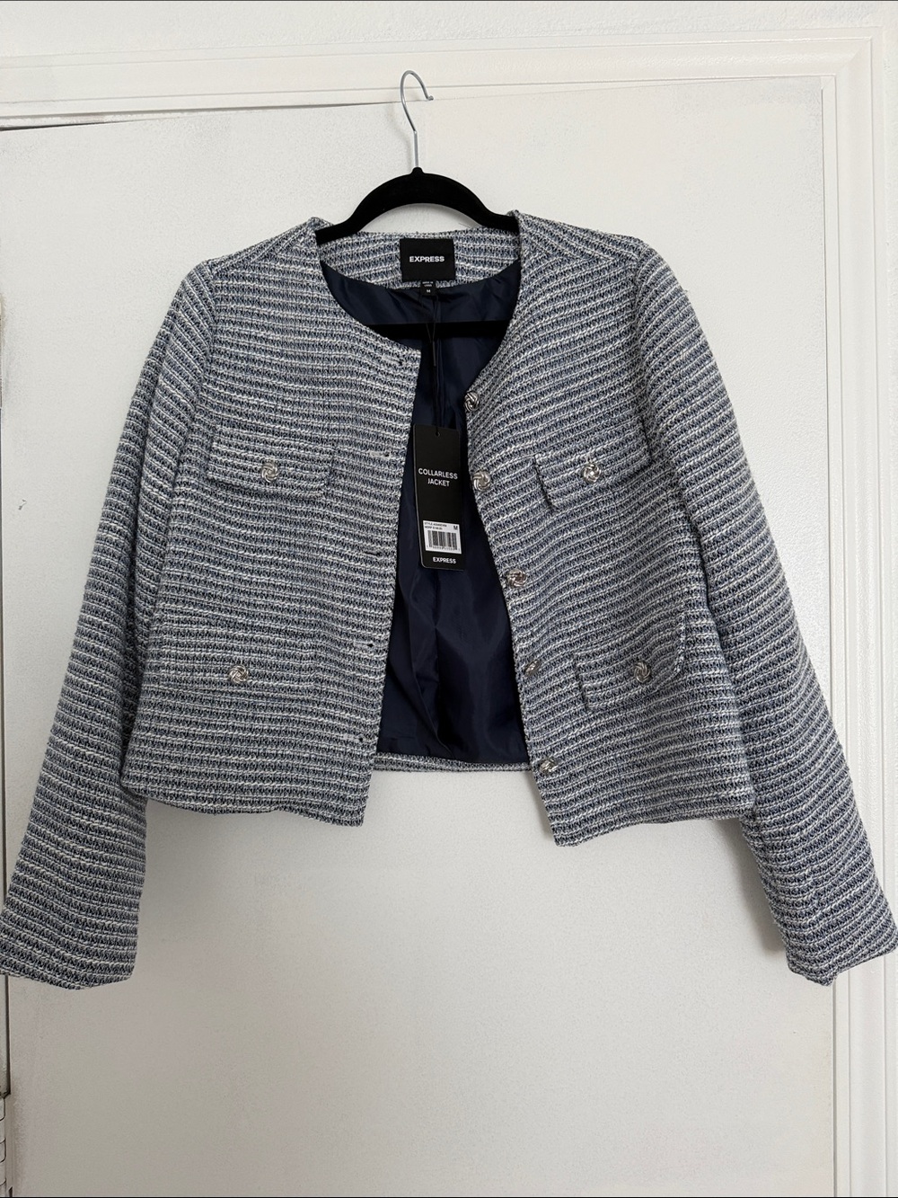 Express Gray & Navy Tweed Collarless Blazer
